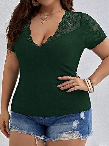 OYOANGLE Women's Plus Size Summer Short Sleeve Ribbed Blouses Lace Scallop V Neck Slim Fit Tops in Saudi Arabia