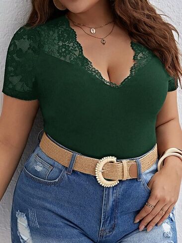 OYOANGLE Women's Plus Size Summer Short Sleeve Ribbed Blouses Lace Scallop V Neck Slim Fit Tops in Saudi Arabia