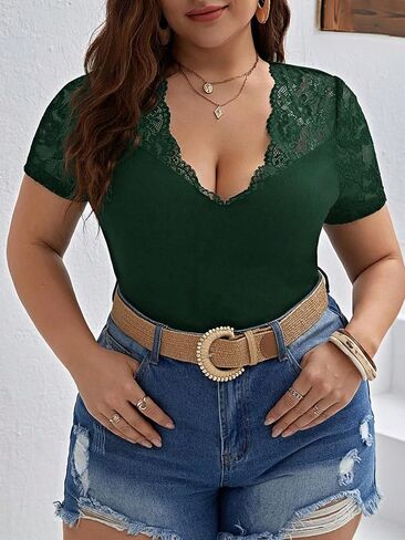 OYOANGLE Women's Plus Size Summer Short Sleeve Ribbed Blouses Lace Scallop V Neck Slim Fit Tops in Saudi Arabia