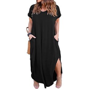 Nemidor Women's Casual Loose Pocket Long Dress Short Sleeve Plus Size Slit Maxi Dress