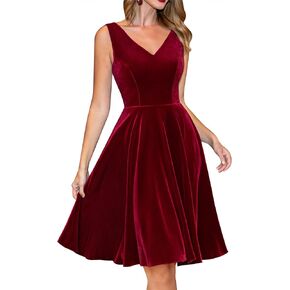 Dressystar Women's V Neck Velvet Dress Flared A-line Cocktail Party Dresses for Women Short Formal Wedding Guest Dress