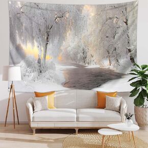 Winter Snow Tapestry, Snowy Mountain Pine and Fir Forest Nature Landscape Tapestry, Winter Wonderland Cedar Christmas Snowflake Tapestry for Bedroom Living Room Dormitory Decoration (80*60,C)