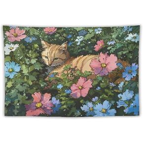 FeoYoed Tapestry Wall Hanging Aesthetic Decoration For Bedroom Living Room Wall Art Tapestries Cat Resting Among Flowers Pixel Style 40"x60"