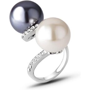 Awmnjtmgpw 925 sterling silver fashion creative two-color pearl pure natural Black Pearl White Pearl unique engagement party ring size 6-10 (Size 9)