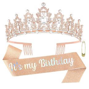 Rose Gold Birthday Crown for Women, Birthday Tiara It's My Birthday Sash Birthday Headband, Birthday Girl Crown Birthday Queen Tiara Birthday Party Decorations Gift