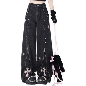 Harajuku Fashion High Waist Baggy Jeans Gothic Y2K Vintage Zipper Casual Straight Leg Wide Leg Denim Pants