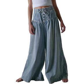 Palazzo Jeans for Women Elastic Mid Waist Wide Leg Jeans Loose Pull On Denim Pants with Drawstring