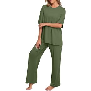 PrinStory Womens Pajamas Sets 2 Piece Lounge Set Short Sleeve Tops and Long Pants Soft Pjs Loungewear with Pockets