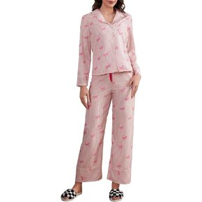 MakeMeChic Women's 2 Piece Pajama Set Bow Striped Long Sleeve Button Down Shirt and Straight Leg Pants Loungewear
