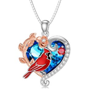 PELOVNY Cardinal Heart Necklace S925 Sterling Silver Red Bird Crystal Pendant Necklace Red Cardinal Memorial Jewelry Gifts for Women Mom