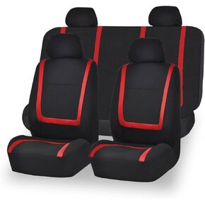 Ajxn 9 PCS Car Seat Covers Full Set, Front and Rear Seats Simple Lines Breathable and Comfortable Seat Hoods, Washable Reusable Protectors, Universal Interior for Most Cars (Red & Black)