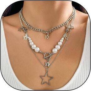 Y2K Star Necklace Silver Chain Pearl Beaded Collar Necklace for Women Multilayer Hollow Star Pendant Necklace Grunge Layered Aesthetic Necklace Stacked Toggle Chain Necklaces