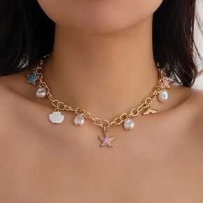 Ursumy Boho Beach Necklace Shell Starfish Necklace Layered Sun Necklaces Mermaid Costume Jewelry Beach Jewelry for Women (Pink)