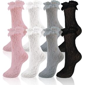 4 Pairs Womens Lace Ruffle Frilly Socks,Mesh Lace Trim Socks Lolita Socks,Sexy Dress Socks Ankle High Socks for Women