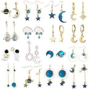 16 Pairs Moon Star Earrings for Women Dangle Earth Planet Asymmetrical Drop Earrings Astronaut Spaceman Stud Earrings Jewelry