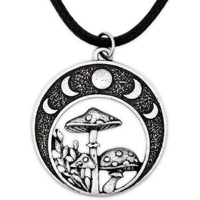 HAQUIL Mushroom Necklace, Magical Mushroom Moon Phase Lunar Cycle Pendant, Faux Leather Cord, Jewelry Gift for Women