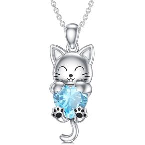 LONAGO Cat Necklace with Heart Birthstone Cat Pendant Necklace Sterling Silver Gifts for Women
