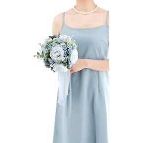 Dusty Blue Wedding Bouquets for Bride Bridesmaid Artificial Roses Flowers Bridal Bouquet for Rustic French Vintage Formal Wedding Church Home Decoration