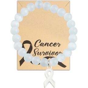 HOLLP Lung Cancer Awareness Bead Bracelet Peace Love Cure Bracelet White Ribbon Jewels Cancer Survivor Gift with card