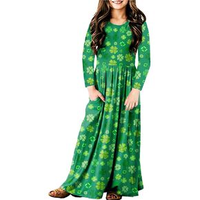 فستان عيد القديس باتريك شامروك للفتيات، فستان ربيعي مطبوع عليه نبات النفل باللون الأخضر المحظوظ، 11-12 سنة in Kuwait