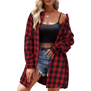 OPOIPIN Women's Casual Mid-Long Flannel Shirt Plaid Collar Button Down Long Sleeve Blouse Top