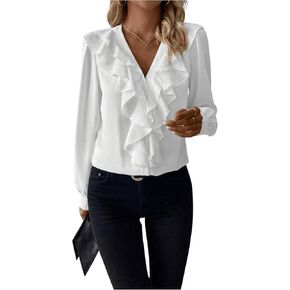 Women's Ruffle Trim Button Down Blouse Shirts V Neck Long Sleeve Tops