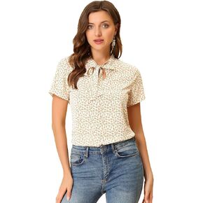 Allegra K Women's Bow Tie Neck Short Sleeve Printed Chiffon Blouse