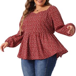 Agnes Orinda Plus Size Tops for Women Sweetheart Neck Long Sleeve Printed Peplum Top Blouse