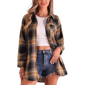 Allegra K Women's Plaid Shirt Oversized Collared Button Down Long Sleeve Casual Blouse Top