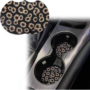 JUSTTOP Car Cup Holder Coaster, Neoprene Car Coaster for Drinks Absorbent, 2PCS Universal Auto Water Absorbency Cup Holder Insert Coaster, Easy Removal Cute Auto Interior Accessories-Black Sunflower