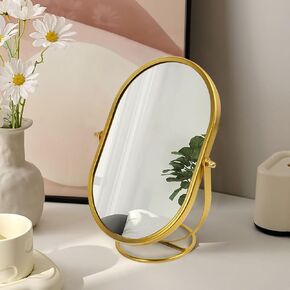Vanity Desk Table Mirror Oval Makeup Mirror 360°Adjustable Rotation Golden Metal Framed Standing Mirrors, 9.5X7 Inch, Home Decoration for Living Room, Bedroom, Tabletop, Bathroom (Golden)