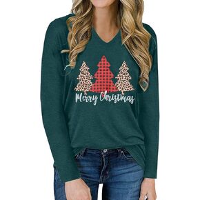 Women Merry Christmas Long Sleeve Shirts Plaid Leopard Christmas Tree Print Shirt Casual V Neck Raglan Sleeve Xmas Shirt