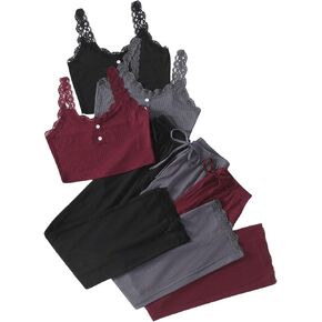 GORGLITTER Women's 6 Piece Pajama Set Lace Crop Cami Top and Pants Pjs Casual Sleeveless Button Lounge Set Sleepwear