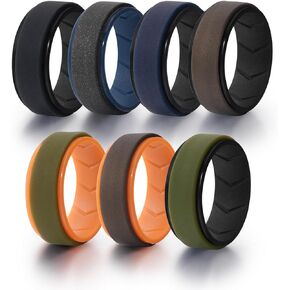 Double-colors 7 Pcs Silicone Rings Set Men Inner Arc Ergonomic Breathable Design Mens Rubber Wedding Bands 8mm Wide 2mm Thick