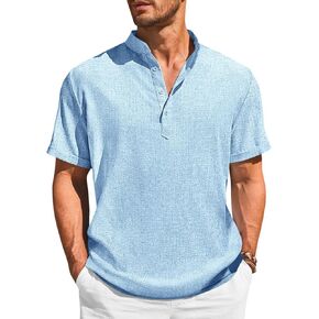 Runcati Mens Henley Shirts Short Sleeve Casual Linen Band Collar T-Shirt Summer Beach Vacation Tops