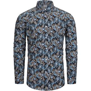 قميص رجالي من TUNEVUSE بأكمام طويلة مزين بالزهور وطبعة زهور وأزرار سفلية من القطن in Kuwait