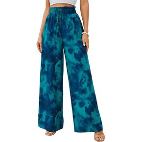 OYOANGLE Women's Boho Tie Dye Drawstring High Waisted Wide Leg Pants Flowy Tie Front Palazzo Pants
