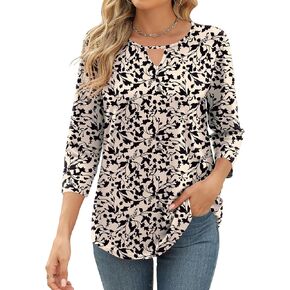 Romanstii 3/4 Length Sleeve Womens Tops Keyhole Crewneck Shirts Business Dressy Casual Tunic Blouses Summer Basic Tees