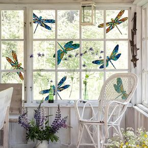 Stained Glass Window Stickers Double-Sided Hand Drawn Window Film, Transparent Static Cling Glass Door Border Decals for Home Decor, Dragonfly 2 Sets