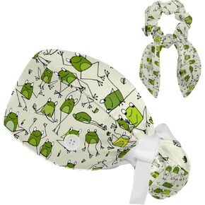 Funny Frogs Pattern Scrub Cap, Adjustable Working Cap with Button, Bouffant Caps with Bow Hair Scrunchy