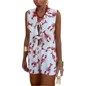 Women Tie Front Set Y2k Sleeveless Lobster Print Vest High Waist Short 2 Piece Pajama Set Going Out Streetwear