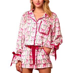 Muineobuka Women Christmas Pajamas 2 Piece Set Y2K Bow Tie Button Down Long Sleeve Shirts Wide Leg Shorts Silk Pjs Set