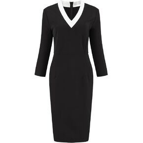 Women's 3/4 Sleeve Pencil Dress Contrast Color V Neck Elegant Work Sheath Dresses