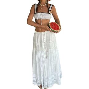 Women Y2k 2 Piece Skirt Sets Tie-Up Front Patchwork Cami Tops+ Ruched Ruffle Maxi Skirt Y2k Party Clubwear