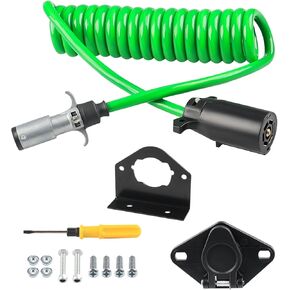WATERWICH 7 Wire to 6 Wire Trailer Plug Adapter with Female Receptor & RV 7 to 6 Trailer Wire & Mounting Bracket, 8FT Waterproof Flexible Cable (Green)