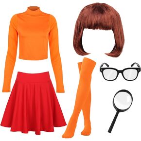 6 PCS Halloween Costume Set Include RSkater Skirt Crop Top Socks Glasses Magnifier WIg for Characters Dress Up