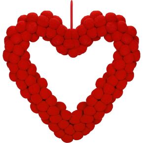 ANVAVO Valentine's Day Wool Felt Pom Pom Wreath 13 Inch Valentine Heart Wreath Front Door Felt Ball Wreath Double-Sided Winding Felt Ball Garland for Valentine's Day Wedding Party Home, Heart Style