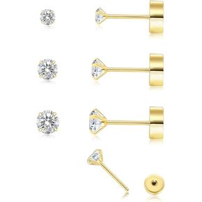 Threadless Flat Back Earrings for Women,Men,3 Pairs Hypoallergenic Push in Flat Back Cubic Zirconia, Titanium Surgical Stainless Steel Stud Earring for Cartilage Tragus Helix Piercing Jewelry