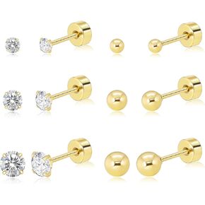 Threadless Flat Back Earrings for Women,Men,3 Pairs Hypoallergenic Push in Flat Back Cubic Zirconia, Titanium Surgical Stainless Steel Stud Earring for Cartilage Tragus Helix Piercing Jewelry in Kuwait