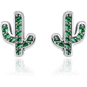 Presentski Green Cactus Stud Earrings 925 Sterling Silver Symmetry Cute Plant Elements Sparkling Zircon CZ Oxidized Silver Gift for Women